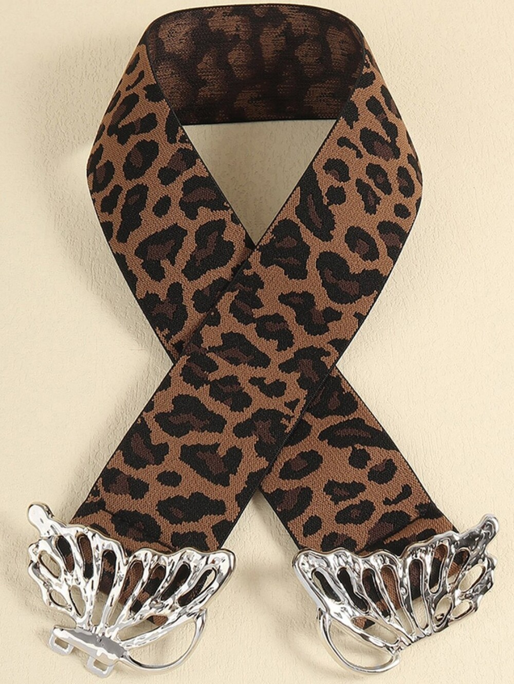 Leopard Print Waist Belt with Silvertone Butterfly Buckle